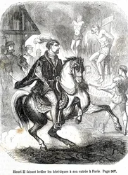 Henri II (1519 - 1559) fazendo os hereges queimarem em sua entrada em Paris - em “Histoire de France” de L.-P. Anquetil