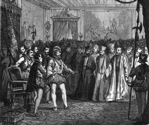 Henri IV antes da assembleia de notáveis em Rouen. No "Histoire Populaire de la France", sd. cerca de 1885. Gravura.