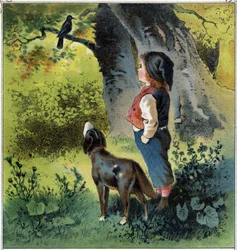 Henri observa um melro num ramo da floresta, voltando à sua vida se ele fosse um pássaro. Cromolitografia de "Childhood Scenes" ed. Guerin - Muller por volta de 1885.