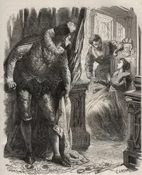 Henry (Henry) Stuart dit Lord Darnley (1545-1567) surpreendeu sua esposa, Rainha Mary (Mary) Iere Stuart (1542-1587), com seu secretário particular, David Rizzio (d. 1566). Gravura de 1871 em "Histoire Des Cocuses Celebres" de Henry de Kock (1819-1892).