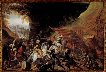 Henrique IV (1589-1610) a carregar à cabeça da sua cavalaria. Pintura francesa anónima do século XVII. Óleo sobre madeira. Dim: 0,35 X 0,52m. Pau, Musee Du Chateau