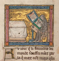 Escrita de eremita numa secretária, miniatura de "Estoire del Saint Graal, La Queste del Saint Graal, Morte Artu", c.1315-25 (tinta sobre pergaminho)