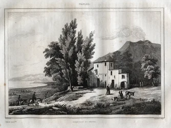 Hermitage do Monte Vesúvio - ERMITAGE DU VESUVE NAPLES ITÁLIA - Gravura Vesúvio da "Pitoresca Itália" - Pintura Histórica e Descritiva da Itália" de M. de Norvins, Ch. Nodier 1834-1836.