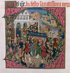 Historiated D inicial retratando uma procissão religiosa na Place de Greve, Paris, no século 15 (edição fac-símile de Missel de Jouvenel des Ursins)