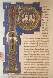 P inicial historiada retratando um padrão de entrelaçamento e animais fantásticos, de uma Bíblia latina de origem limoges, c. 1125 (vellum)