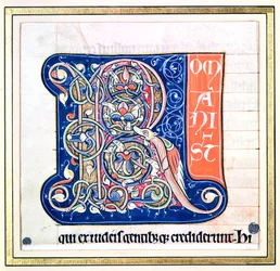 "R" inicial historiada representando um padrão de entrelaçamento com animais fantásticos, da Bíblia de Saint-Andre aux-Bois