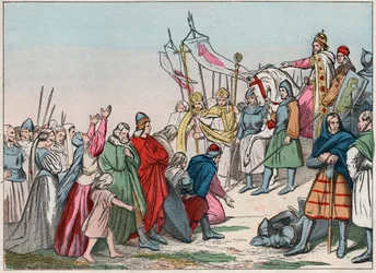 História da Gália na Idade Média: Saxões germânicos ajoelhados diante do rei Carlos Magno (742-814), vencedor das guerras - Gravura do final do século XIX em «As nossas glórias nacionais - Imagens e relatos»