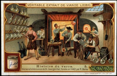 História do vidro: Fábrica de vidro Boheme de Saint Georgenthal fundada em 1442 por P. Berka. Cromolitografia de Liebig de finais do século XIX.