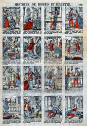 História de Romeu e Julieta após a peça de William Shakespeare (1564-1616). Imagens epinais do final do século XIX.