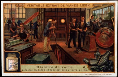 História do vidro: Vidraria moderna e fabrico de vidro no final do século XIX. Cromolitografia de Liebig de finais do século XIX.