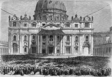 Semana Santa em Roma: vista da Praça de São Pedro em Roma (Piazza San Pietro) durante a bênção "urbi et orbi" na Quinta-feira Santa e no Domingo de Páscoa. Gravura no "Le Monde Illustré" n°526 de 11 de Maio de 1867.