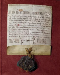 Homenagem ao rei Filipe II (1165-1223) de Simon de Montfort (c.1160-1218) pelos territórios confiscados de Raymond VI (1197-1249) c.1216