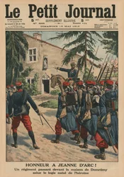 Honra a Joana d&39;Arc, um regimento que saudou o local de nascimento da heroína em Domremy, ilustração da capa do &39;Le Petit Journal&39;, suplemento ilustre, 18 de maio de 1913