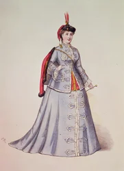Hortense Schneider no papel-título da opereta de Offenbach "La Grand Duchesse de Gerolstein", ilustração de "Costumes des Theatres de Paris", 1867