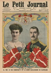 Exércitos da França, Rei Christian X e Rainha Alexandrina da Dinamarca, ilustração da capa do &39;Le Petit Journal&39;, suplemento ilustre, 17 de maio de 1914