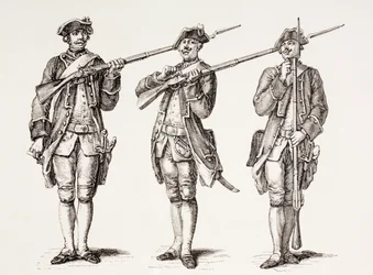 Como carregar um mosquete, de um livro de instruções francês de 1776, de "XVIII Siècle Institutions, Usages et Costumes", publicado em 1875