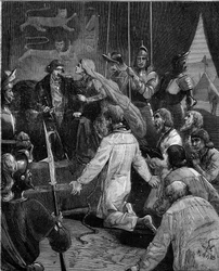 Guerra dos Cem Anos. Os burgueses de Calais: devoção de Eustáquio de São Pedro e seus companheiros ao rei Eduardo III de Inglaterra imploram sua graça, apoiados pela rainha Philippa de Hainaut (1311-1369).