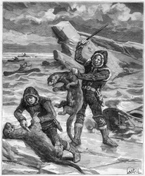 Hunter otters in Alaska - Hunter of the Alaska otters in 1888 - Gravura em "Journal des Voyages" 1888