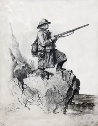Caçador com o seu cão. (desenho