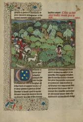 Caçadores perseguindo um veado, c.1430-40 (têmpera, tinta dourada, tinta prateada e folha de ouro)