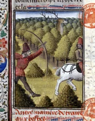 Cena de caça em O Livro de Caça de Gaston Phoebus, Conde de Foix, Senhor de Béarn. Século XIV