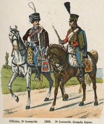 Hussardos 1ª Vendemiary An XII (24 de Setembro de 1803): Oficial, 2º hussardos e 9º hussardos em grande vestido em 1806. Prato do livro Les Uniforms de l