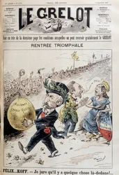 Juro que há algo lá dentro. O presidente francês Felix Faure (1841-1899) carregando o balão do empréstimo russo. Atrás, uma mulher representando Lorraine está discutindo com um homem que diz "Deixe-nos em paz" (sem dúvida o Ministro dos Negócios Estrangeir