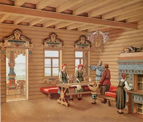 Interior idealizado de uma izba russa, c.1880 (gravura colorida)