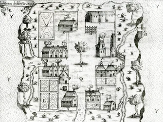 Ile Ste. Croix, o mais antigo assentamento francês em Acadia, 1604, de Voyages por Samuel de Champlain (c.1580-1635), 1613