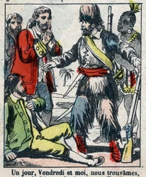 Ilustração para o Livro de Daniel Defoe (De foe) "Robinson Crusoe". Imagens epinais do final do século XIX.