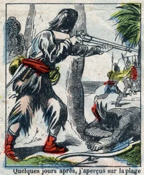 Ilustração para o Livro de Daniel Defoe (De foe) "Robinson Crusoe". Imagens epinais do final do século XIX.
