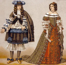 Ilustração para os personagens Alceste e Celimene da peça "O Misantropo" de Molière (gravura colorida)