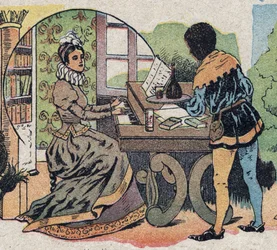 Ilustração para o conto "A Beleza e o Bete": estava rodeado de atenções. Gravação da imagem de Quinn, por volta de 1890.