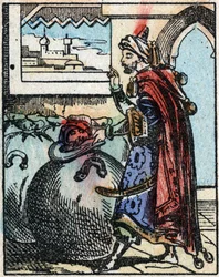 Ilustração para os Contos das Mil e Uma Noites. Ali-Baba (Ali Baba). Gravura em madeira de Imaging Pellerin - Epinal, sd. Final do século XIX.