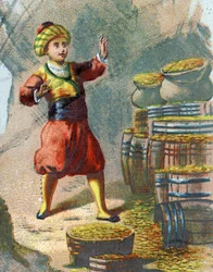 Ilustração para os Contos das Mil e Uma Noites. Ali Babá (Ali-Baba) entra na rocha, dizendo: Sésamo te abre e vê barris de ouro. Cromolitografia por volta de 1890.
