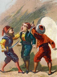 Ilustração para os Contos das Mil e Uma Noites. Cassim, ciumento de Ali Baba, também vai à gruta, mas esquece a palavra para sair e é assassinado por ladrões. Cromolitografia por volta de 1890.
