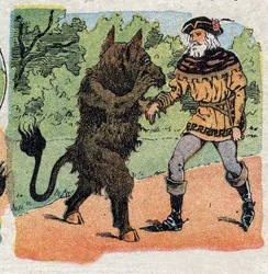 Ilustração para o conto "A Beleza e o Bete": o Bete pergunta ao comerciante, apenas escolhendo uma rosa, a sua vida ou a de uma das suas filhas. Gravura da imagem de Quinn, por volta de 1890.