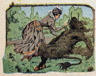 Ilustração para o conto "A Beleza e o Bete": a bela reanimou o bete desmaiado de dor quando se recusou a propor casamento. Gravura das imagens de Quinn, por volta de 1890.