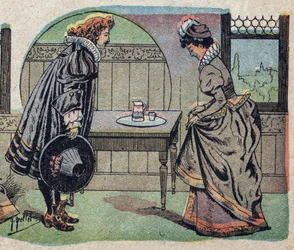 Ilustração para o conto "A Beleza e o Bete": o bete tornou-se um príncipe mais belo. Gravação das imagens de Quinn, por volta de 1890.
