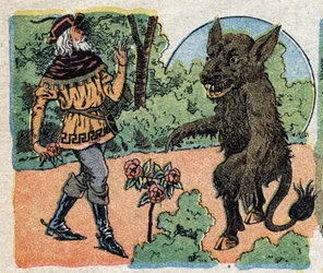 Ilustração para o conto "A Beleza e o Bete": o comerciante corta uma rosa no jardim do Bete para trazer de volta à sua filha Belle. Gravura das imagens de Quinn, por volta de 1890.