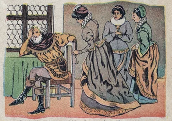 Ilustração para o conto "A Beleza e o Bete": o comerciante perdido na dor. Gravura das imagens de Quinn, por volta de 1890.
