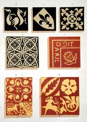 Ilustração de padrões de cerâmica do século XIII a partir de um livro de fontes de decoração (litho colorido)
