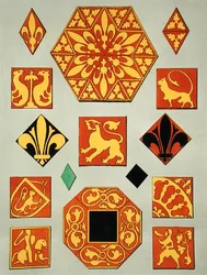 Ilustração de padrões de cerâmica do século XIII a partir de um livro de fontes de decoração (litho colorido)