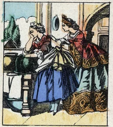 Ilustração do conto de Charles Perrault "Cinderela ou O Pequeno Chinelo de Vidro". Gravura em madeira de Imaging Pellerin - Epinal, sd. Final do século XIX.