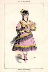 Ilustração de "La Vie Parisienne", peça e ópera (ópera-comida) de Jacques Offenbach sobre um libreto de Ludovic Halevy e Henri (Henry) Meilhac, edição em livro pela Livraria Illustree 1875 - Gabrielle em Bresilienne: figurino desenhado por Draner (1833-192