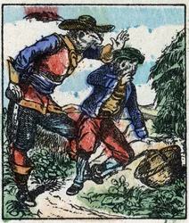 Ilustração do conto "Raminagrobis e os ratos" Gravura em madeira de Imaging Pellerin - Epinal, sd. Final do século XIX.