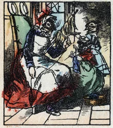 Ilustração do conto "Raminagrobis e os ratos" Gravura em madeira de Imaging Pellerin - Epinal, sd. Final do século XIX.