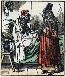 Ilustração do conto "Raminagrobis e os ratos" Gravura em madeira de Imaging Pellerin - Epinal, sd. Final do século XIX.
