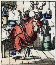 Ilustração do conto "Raminagrobis e os ratos" Gravura em madeira de Imaging Pellerin - Epinal, sd. Final do século XIX.