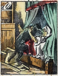 Ilustração do conto "O Capuchinho Vermelho", de Charles Perrault. Gravura em madeira de Imaging Pellerin - Epinal, sd. Final do século XIX.